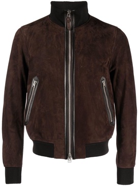 zip-up suede bomber jacket