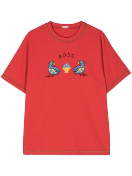 Red Twin Parakeet Embroidered T-Shirt