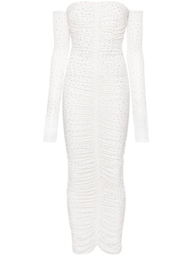 White Crystal-Embellished Ruched Maxi Dress