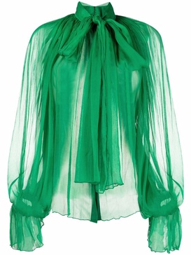 sheer pleated pussybow blouse