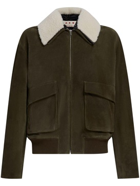 shearling collar zip-up leather jacket