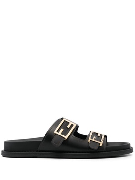 F Buckle Leather Slide Sandals