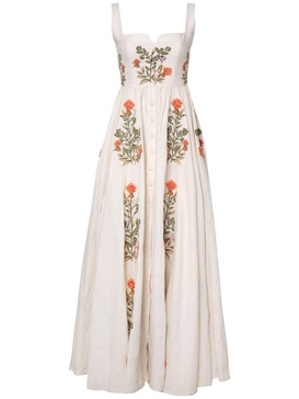 floral-embroidered linen midi dress 