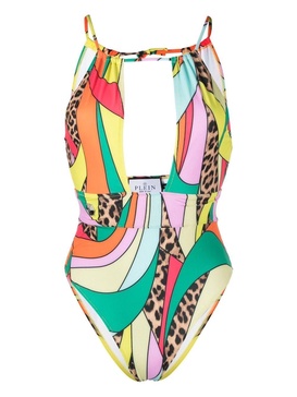 rainbow patchwork-print monokini