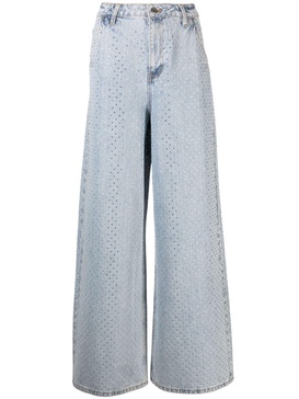 Self Portrait Blue Rhinestone Wide Leg Jeans