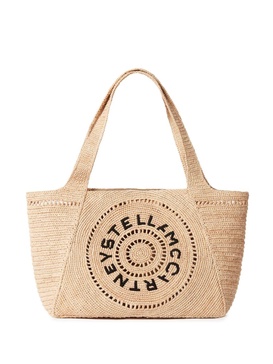 embroidered-logo raffia tote bag