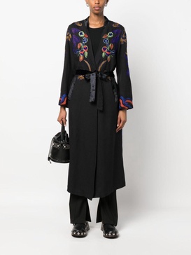 embroidered tied-waist virgin-wool coat