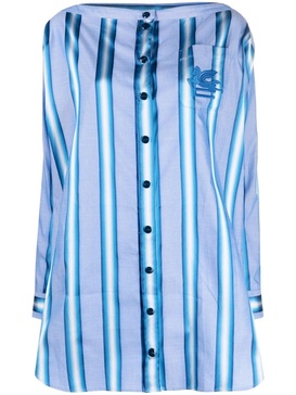 Off-the-shoulder embroidered striped cotton and silk-blend mini shirt dress