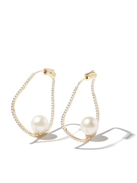 14kt yellow gold wave diamond and pearl hoop earrings