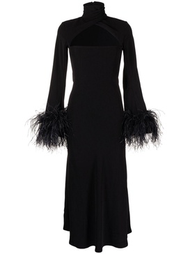 black Odessa feather-trim midi dress