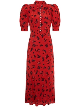 rose-print flared silk dress