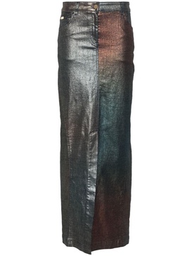 laminated denim maxi skirt