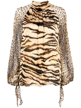 animal-print puff-sleeve blouse