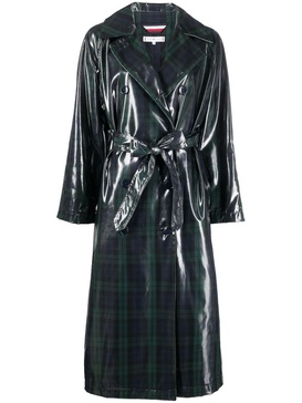 tartan-print trench coat