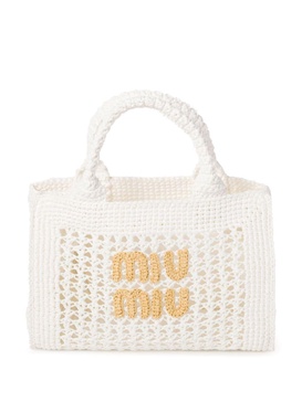 logo-lettering raffia tote bag