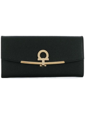 FERRAGAMO Gancini Hook Continental Wallet in Grained Leather with Clip Closure and Central Zipper Pocket