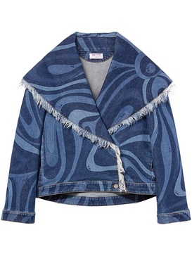 abstract-print frayed-edge denim jacket