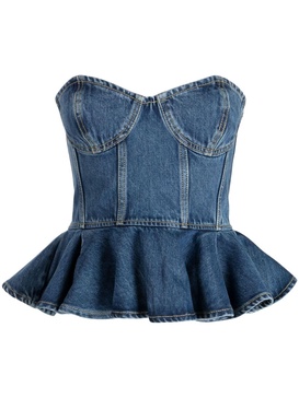 ruffled strapless denim crop top