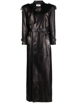 double-breasted leather trench coat