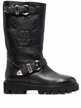 Biker monogram-debossed leather boots