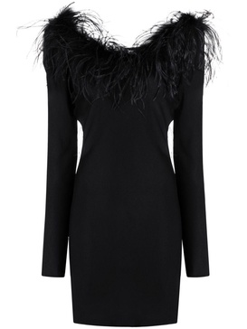 feather-trim long-sleeve dress