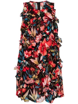 floral-appliqué botanical-print dress