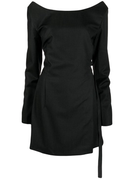 boat-neck long-sleeve wrap dress