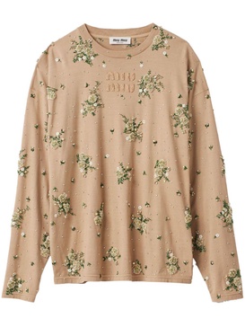 floral-appliqué cotton T-shirt