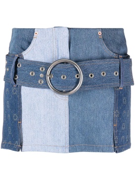 Monogram-print patchwork denim mini skirt