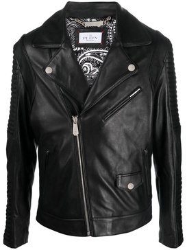 embossed-logo padded leather biker jacket