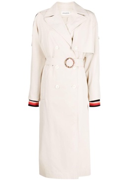 stripe-detail belted trench coat