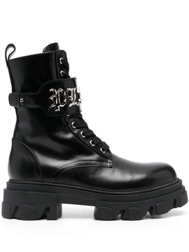 logo-plaque leather combat boots