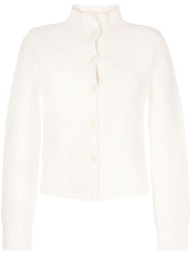 high-neck ribbed-knit cardigan