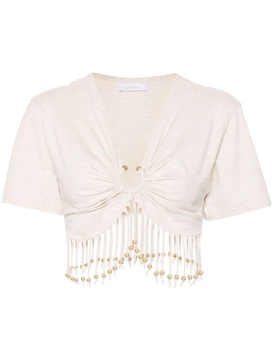 Fringed beaded cotton jersey crop top