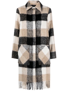 plaid-check fringed-hem coat