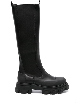 Black Cleated Knee-High Faux-Leather Boots