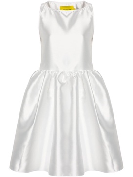 White Puffball-Hem Satin Midi Dress