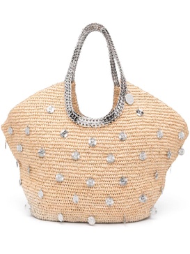 large embellished raffia tote bag