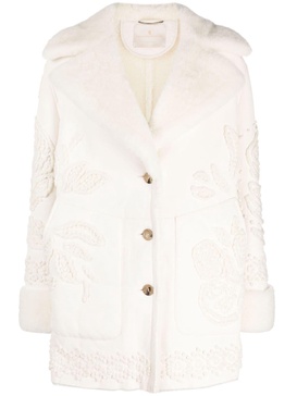 floral-embroidered leather coat