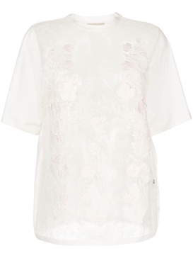 floral-appliqué sheer T-shirt