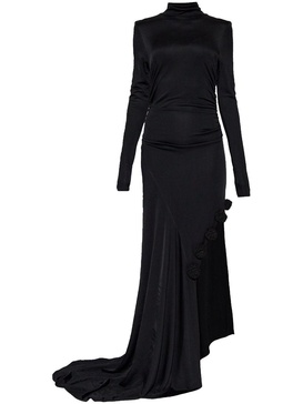 floral-appliqué side-slit evening dress