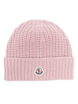 Pink Logo-Patch Virgin-Wool Beanie Hat