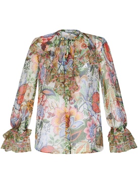 ruffled floral-print silk shirt