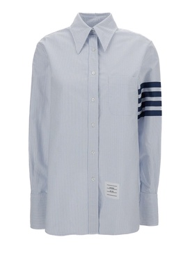 Light Blue Striped Shirt with 4Bar Detail in Cotton Woman