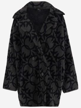 Pinko Double Breasted Coat In Technical Fabric With Logo