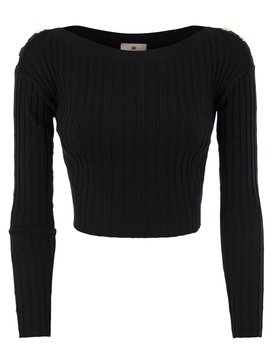 Elisabetta Franchi Ribbed Viscose Cropped Sweater With Button Placket