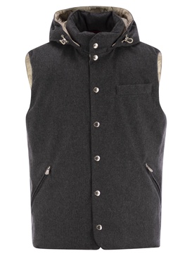 Brunello Cucinelli Sleeveless Down Jacket In Membraned Wool Flannel With Detachable Hood