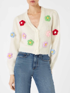 Woman Brushed Cropped Cardigan With Puff Sleeves