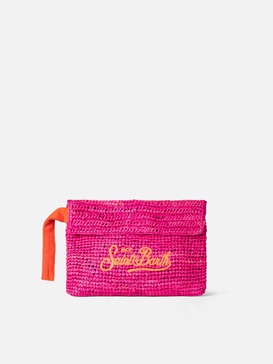 Raffia Fuchsia Pouch Bag With Saint Barth Embroidery