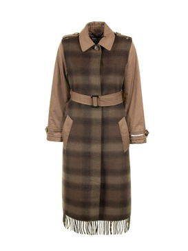 Long Checked Trench Coat With Fringes